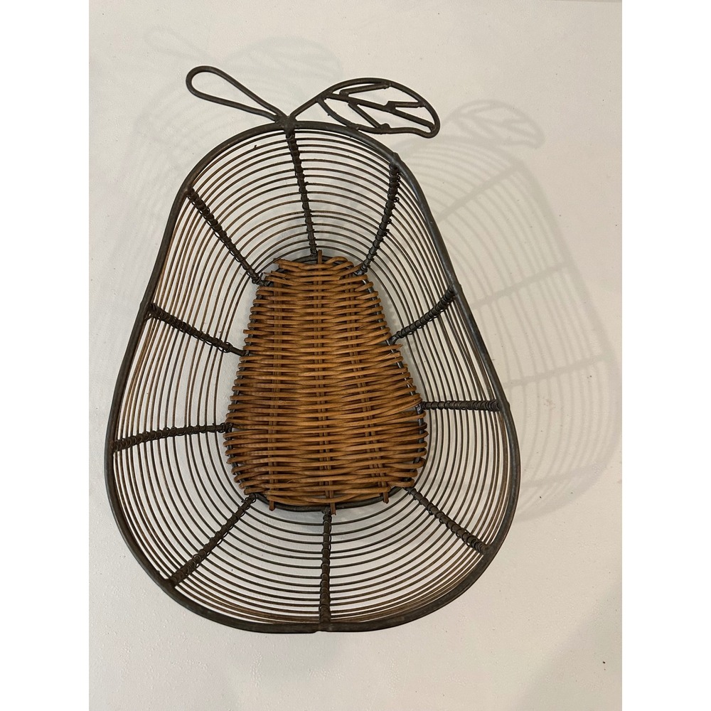 Vintage Pear Shaped Wire and Wicker Fruit Basket Farmhouse Kitchen Decor